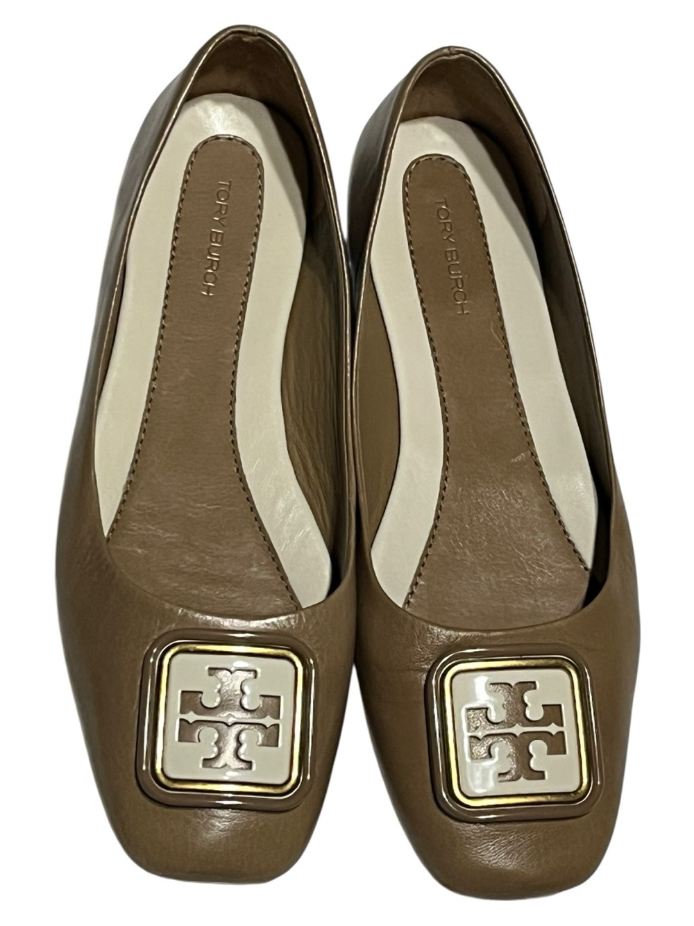 Tory Burch Tan Leather Square-Toe Georgia Ballet Flats